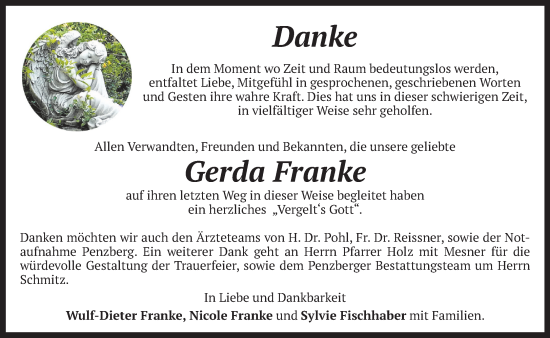 Traueranzeige von Gerda Franke von Das Gelbe Blatt Penzberg