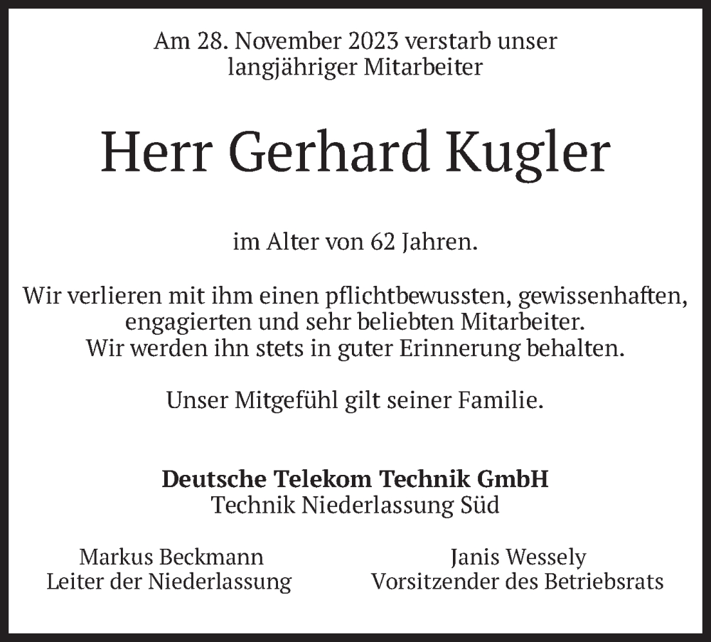  Traueranzeige für Gerhard Kugler vom 05.12.2023 aus merkurtz