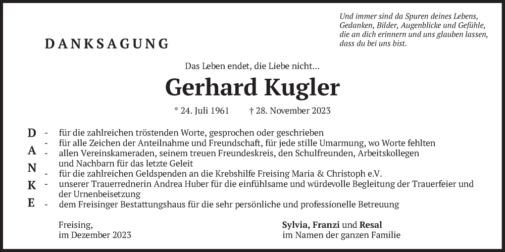  Traueranzeige für Gerhard Kugler vom 30.12.2023 aus merkurtz
