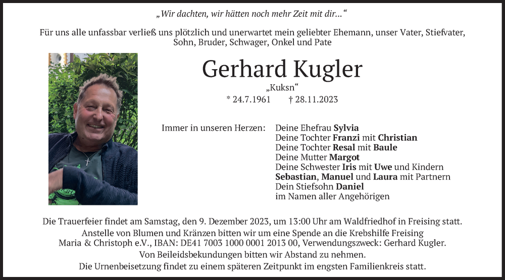 Traueranzeige für Gerhard Kugler vom 06.12.2023 aus merkurtz