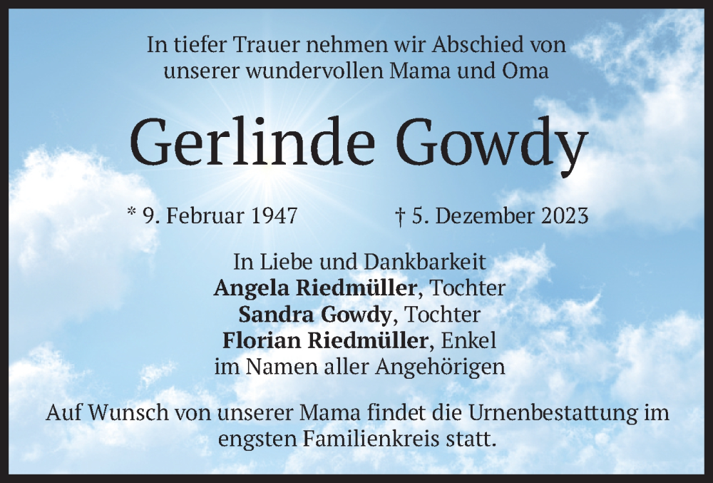  Traueranzeige für Gerlinde Gowdy vom 09.12.2023 aus merkurtz