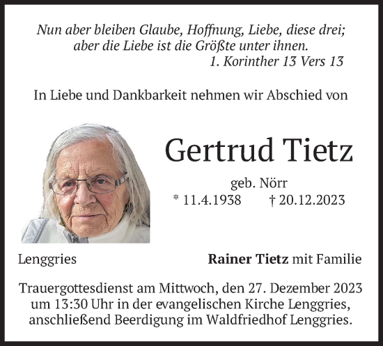 Traueranzeige von Gertrud Tietz von merkurtz