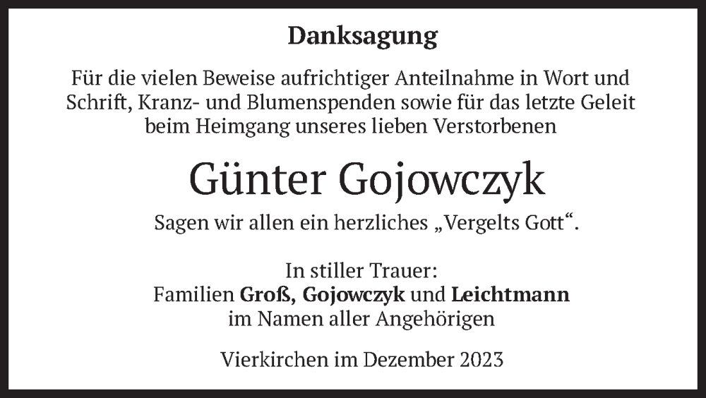  Traueranzeige für Günter Gojowczyk vom 16.12.2023 aus merkurtz