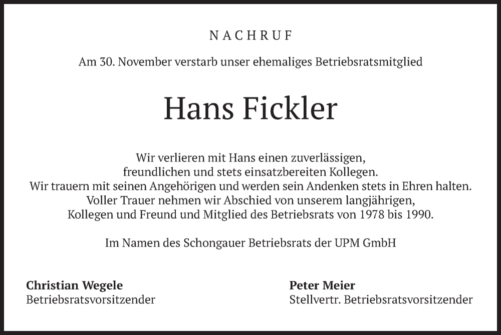  Traueranzeige für Hans Fickler vom 05.12.2023 aus merkurtz