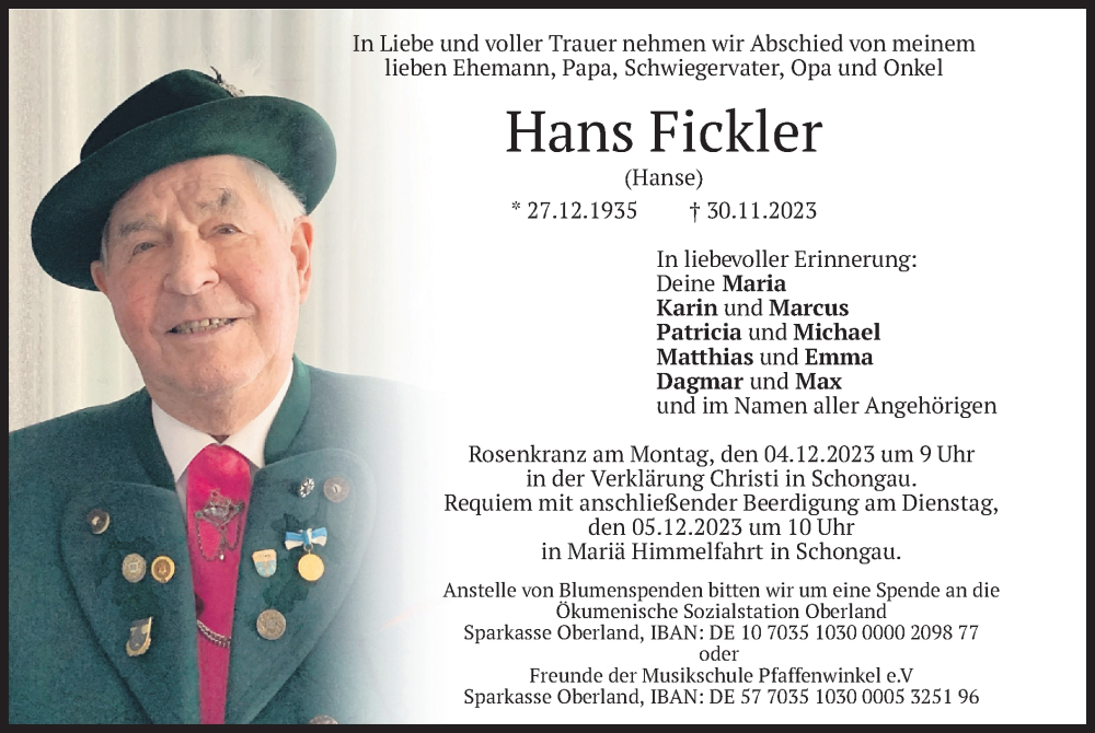  Traueranzeige für Hans Fickler vom 02.12.2023 aus merkurtz