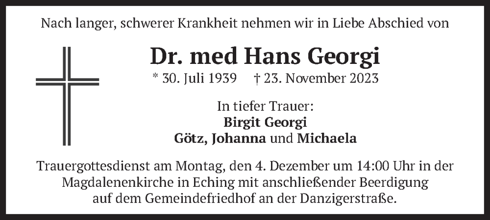  Traueranzeige für Hans Georgi vom 02.12.2023 aus merkurtz