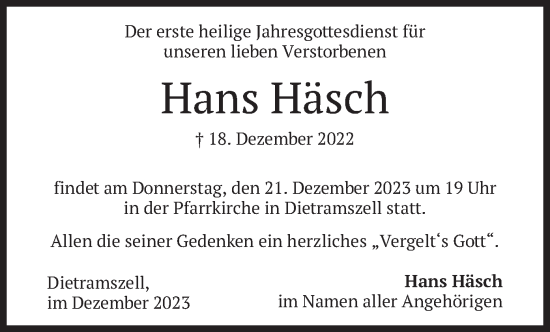 Traueranzeige von Hans Häsch von merkurtz