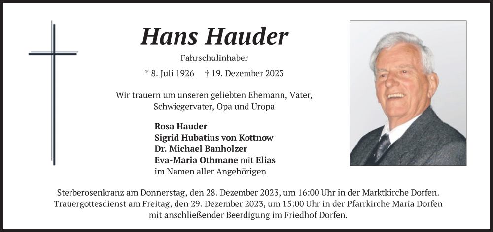  Traueranzeige für Hans Hauder vom 23.12.2023 aus merkurtz