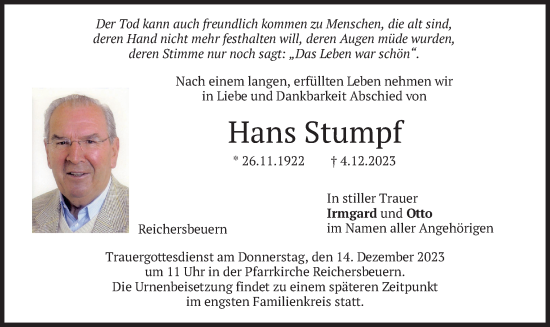 Traueranzeige von Hans Stumpf von merkurtz