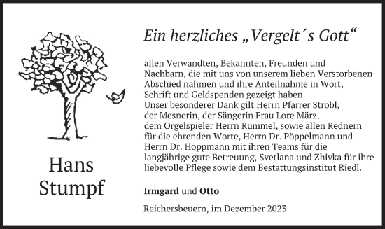 Traueranzeige von Hans Stumpf von merkurtz