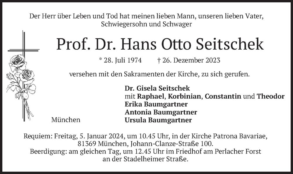  Traueranzeige für Hans Otto Seitschek vom 30.12.2023 aus merkurtz
