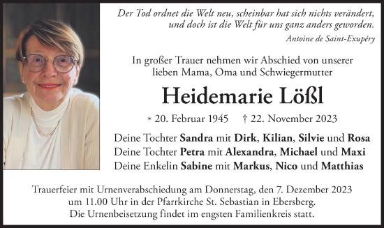 Traueranzeige von Heidemarie Lößl von merkurtz