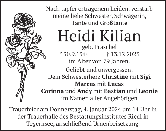 Traueranzeige von Heidi Kilian von merkurtz