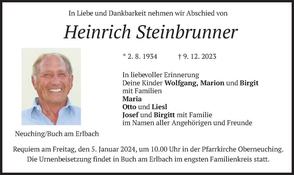  Traueranzeige für Heinrich Steinbrenner vom 30.12.2023 aus merkurtz