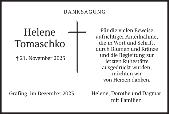 Traueranzeige von Helene Tomaschko von merkurtz