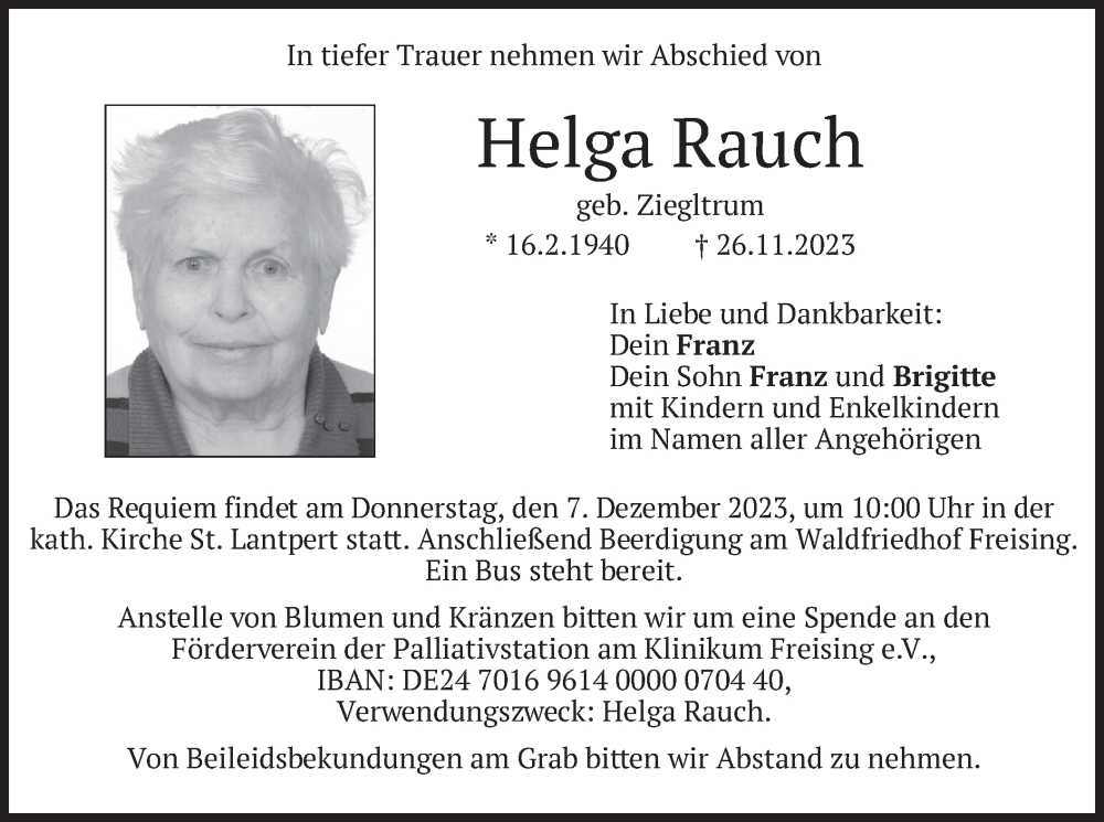  Traueranzeige für Helga Rauch vom 02.12.2023 aus merkurtz