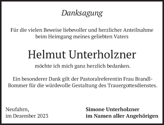 Traueranzeige von Helmut Unterholzner von merkurtz