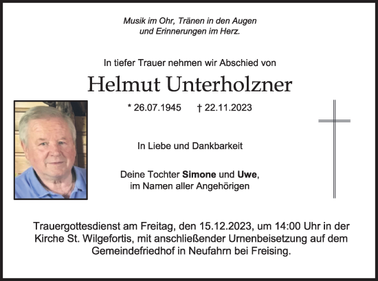 Traueranzeige von Helmut Unterholzner von merkurtz