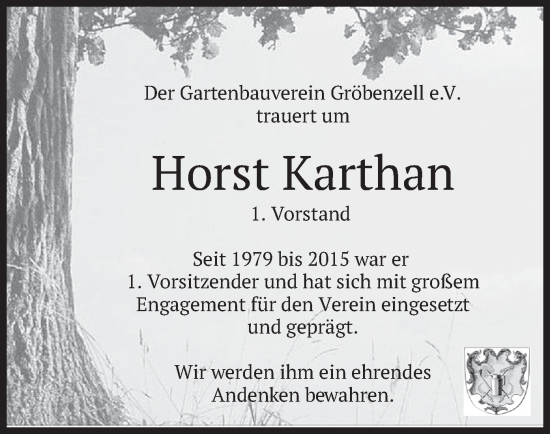 Traueranzeige von Horst Karthan von merkurtz
