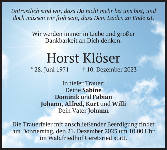 Traueranzeige von Horst Klöser von merkurtz
