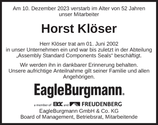 Traueranzeige von Horst Klöser von merkurtz