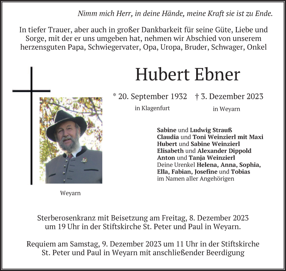  Traueranzeige für Hubert Ebner vom 06.12.2023 aus merkurtz