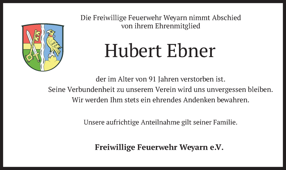  Traueranzeige für Hubert Ebner vom 09.12.2023 aus merkurtz