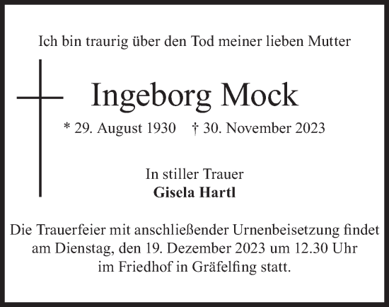 Traueranzeige von Ingeborg Mock von merkurtz