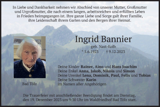 Traueranzeige von Ingrid Bannier von merkurtz