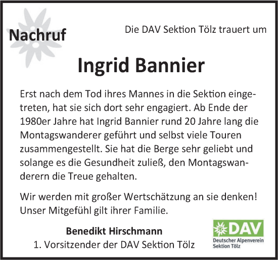 Traueranzeige von Ingrid Bannier von merkurtz