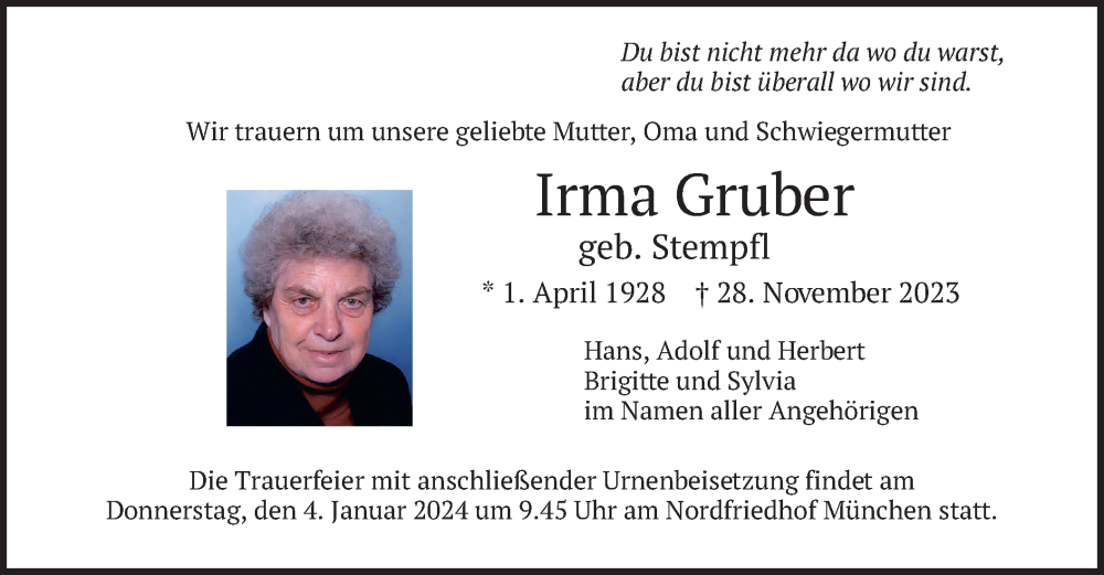  Traueranzeige für Irma Gruber vom 30.12.2023 aus merkurtz