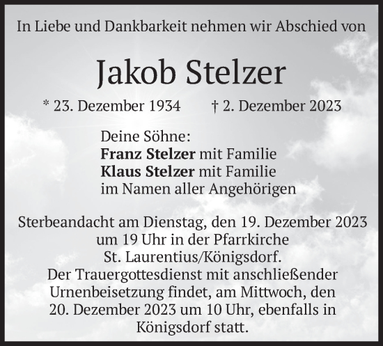 Traueranzeige von Jakob Stelzer von merkurtz