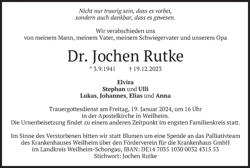  Traueranzeige für Jochen Rutke vom 30.12.2023 aus merkurtz