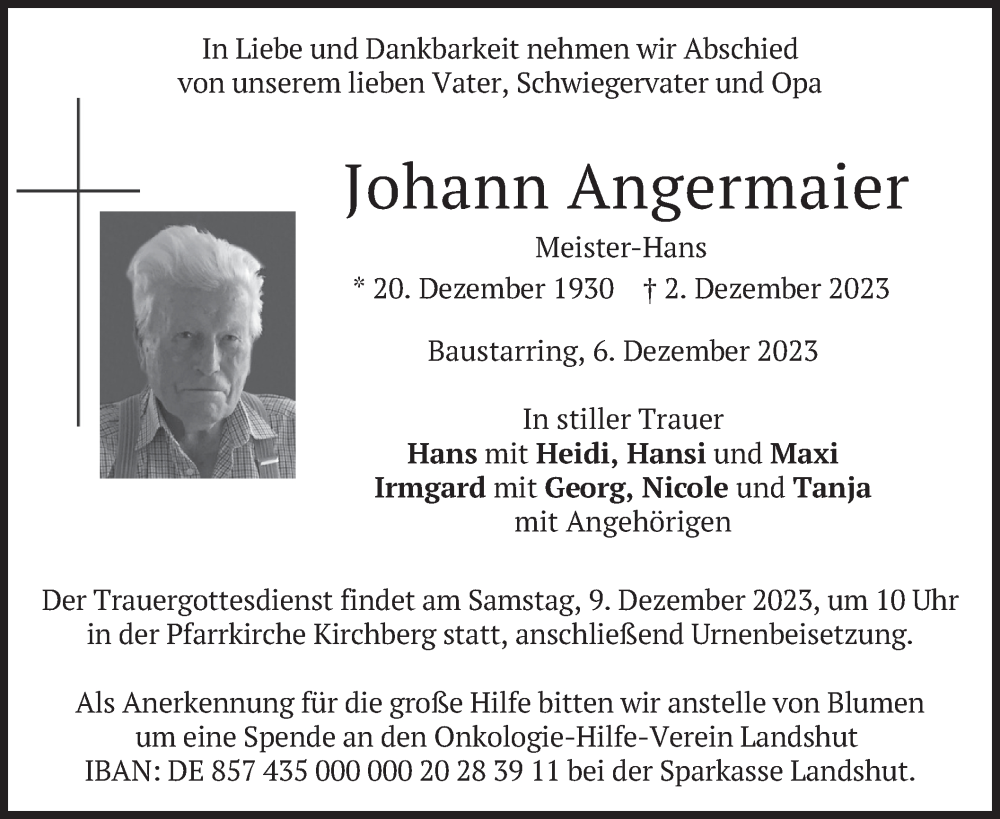  Traueranzeige für Johann Angermaier vom 06.12.2023 aus merkurtz