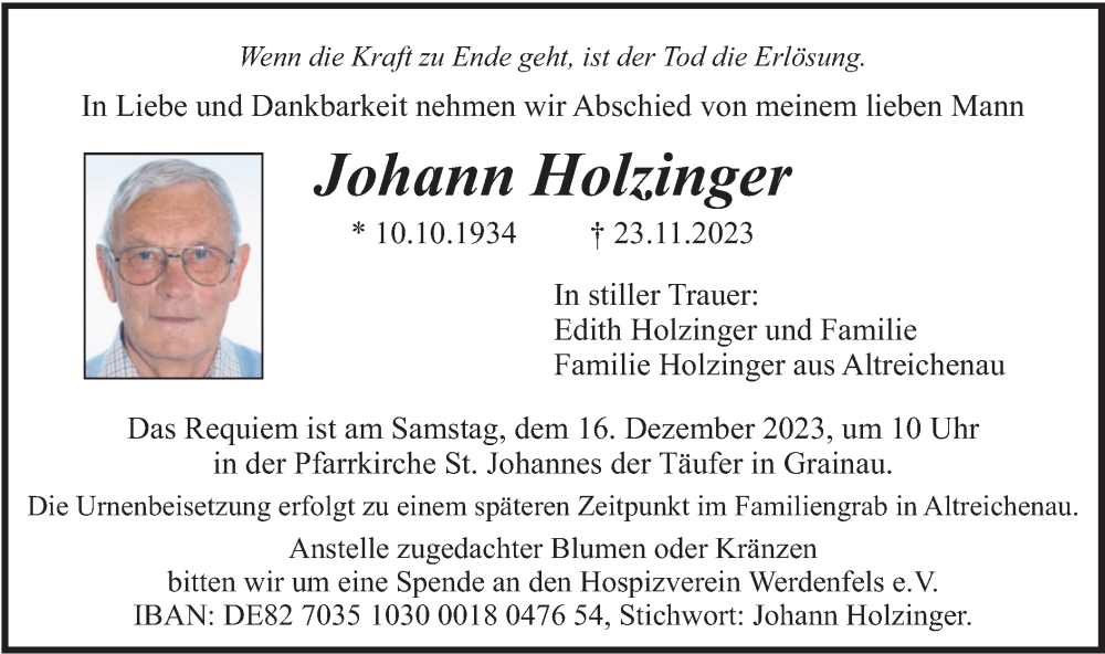  Traueranzeige für Johann Holzinger vom 09.12.2023 aus merkurtz