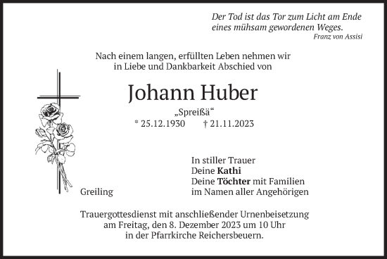 Traueranzeige von Johann Huber von merkurtz