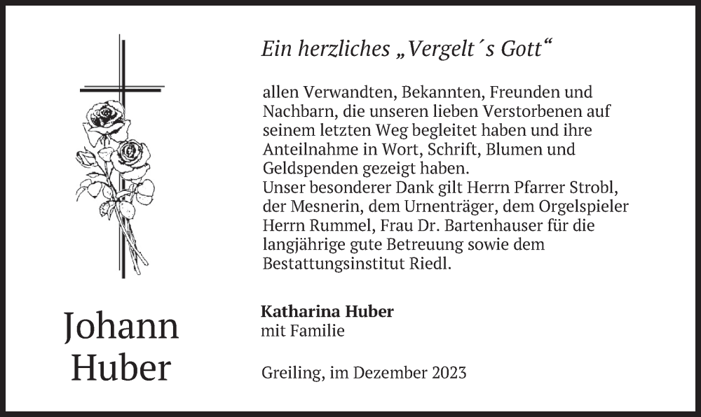  Traueranzeige für Johann Huber vom 16.12.2023 aus merkurtz