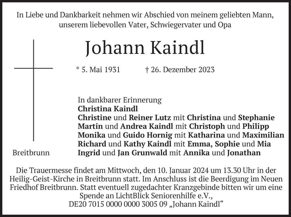  Traueranzeige für Johann Kaindl vom 30.12.2023 aus merkurtz