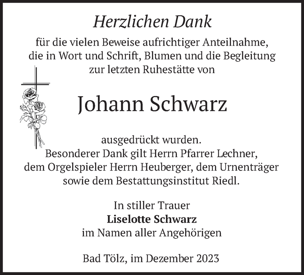  Traueranzeige für Johann Schwarz vom 09.12.2023 aus merkurtz