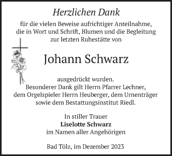 Traueranzeige von Johann Schwarz von merkurtz
