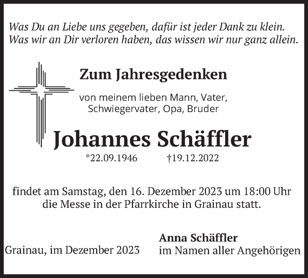  Traueranzeige für Johannes Schäffler vom 15.12.2023 aus merkurtz
