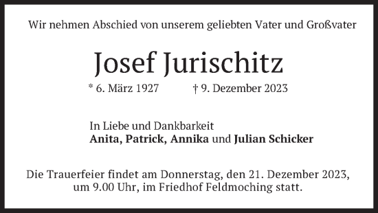Traueranzeige von Josef Jurischitz von merkurtz