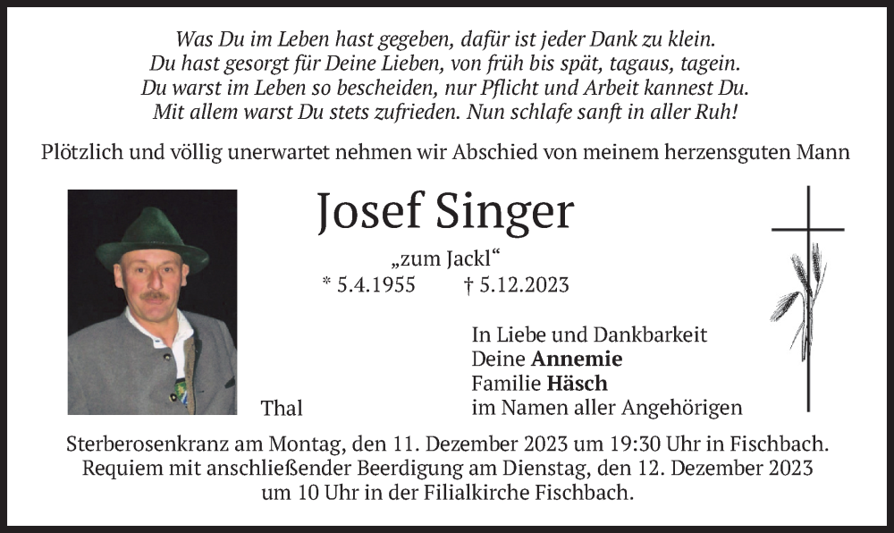  Traueranzeige für Josef Singer vom 09.12.2023 aus merkurtz