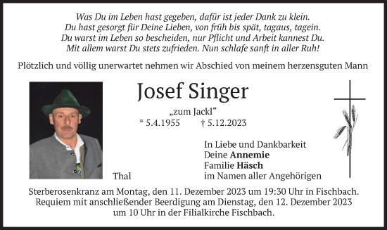 Traueranzeige von Josef Singer von merkurtz