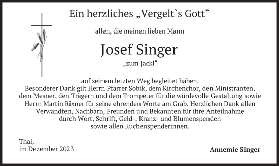 Traueranzeige von Josef Singer von merkurtz