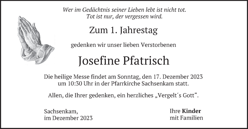  Traueranzeige für Josefine Pfatrisch vom 15.12.2023 aus merkurtz