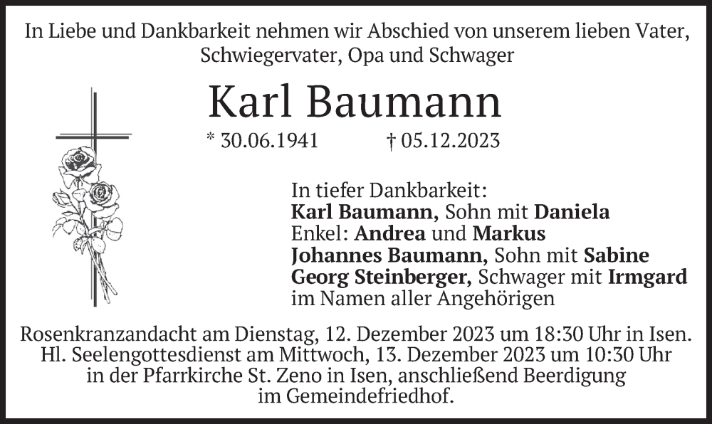  Traueranzeige für Karl Baumann vom 09.12.2023 aus merkurtz