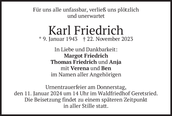 Traueranzeige von Karl Friedrich von merkurtz