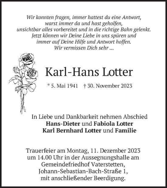 Traueranzeige von Karl-Hans Lotter