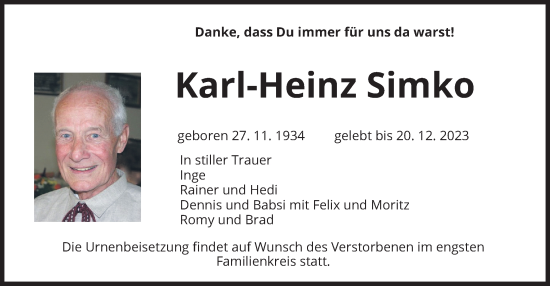 Traueranzeige von Karl-Heinz Simko von merkurtz